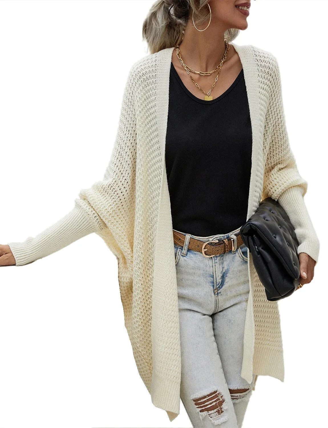 iB-iP Women's Oversize Cardigan Sweater Loose Casual Batwing Sleeves Fashion Top