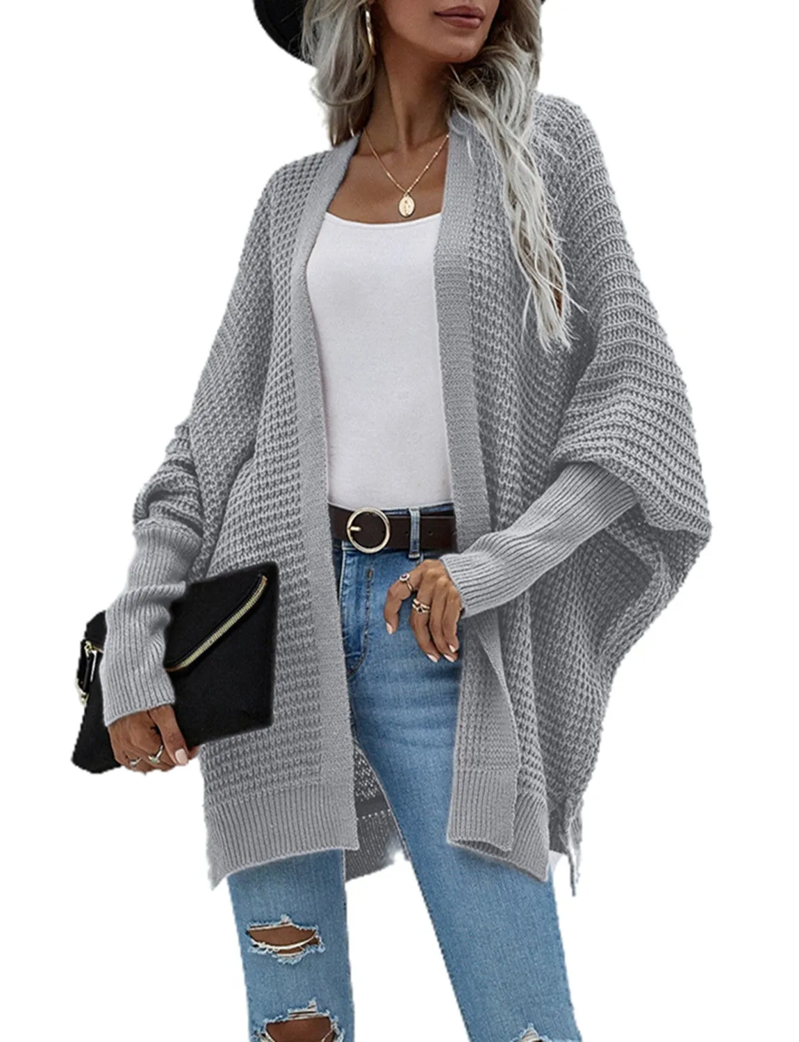 iB-iP Women's Oversize Cardigan Sweater Loose Casual Batwing Sleeves Fashion Top