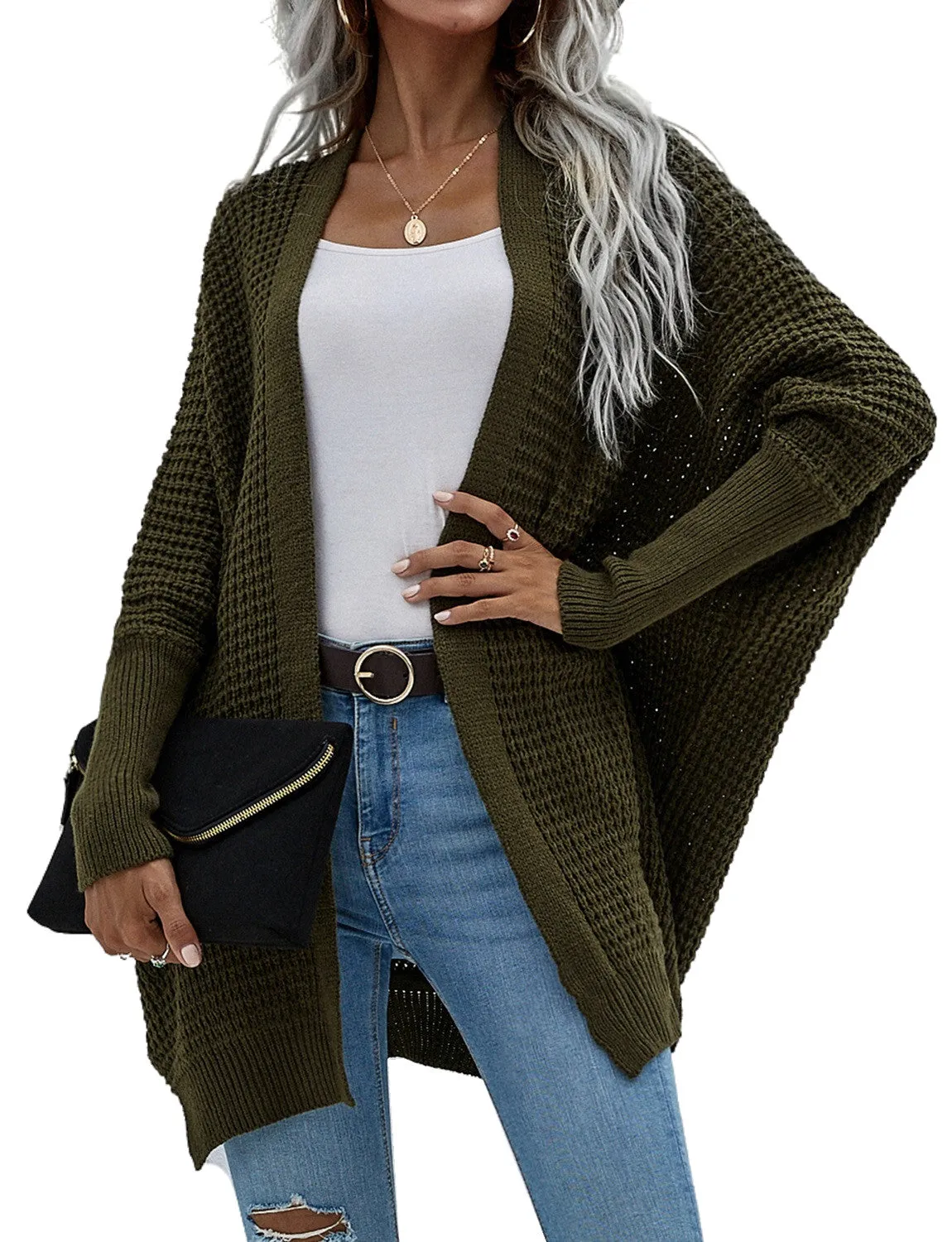 iB-iP Women's Oversize Cardigan Sweater Loose Casual Batwing Sleeves Fashion Top