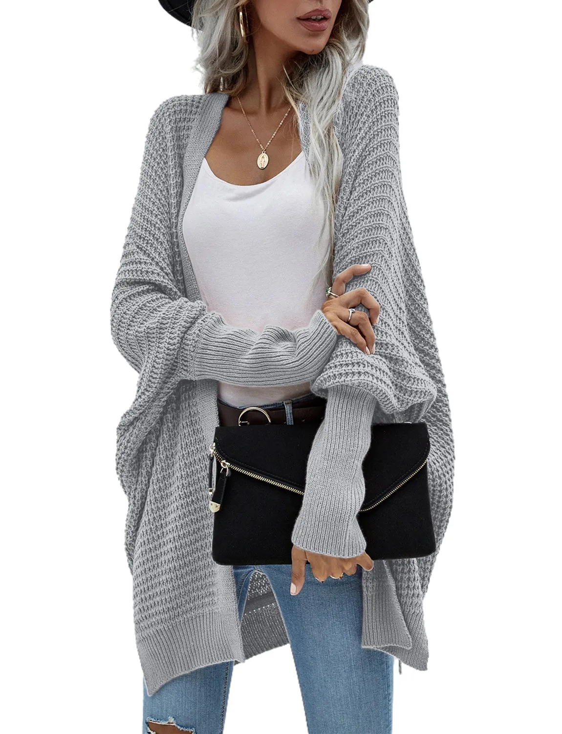 iB-iP Women's Oversize Cardigan Sweater Loose Casual Batwing Sleeves Fashion Top