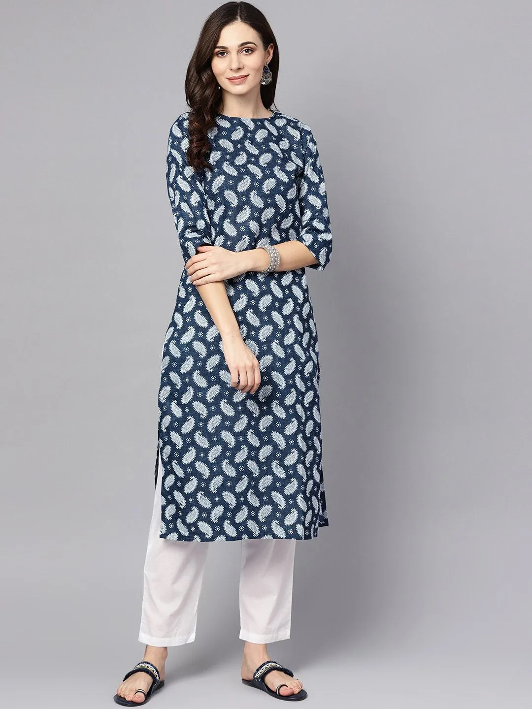 Navy Blue Printed 3/4Th Sleeve A-Line Cotton Kurta With White Palazzo