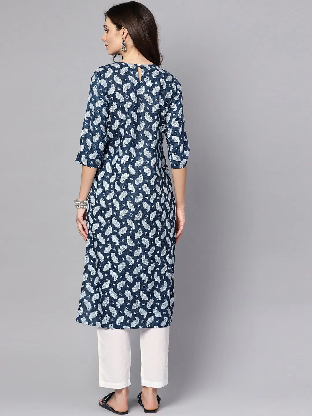 Navy Blue Printed 3/4Th Sleeve A-Line Cotton Kurta With White Palazzo