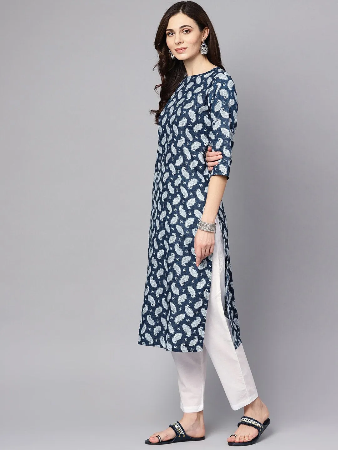 Navy Blue Printed 3/4Th Sleeve A-Line Cotton Kurta With White Palazzo