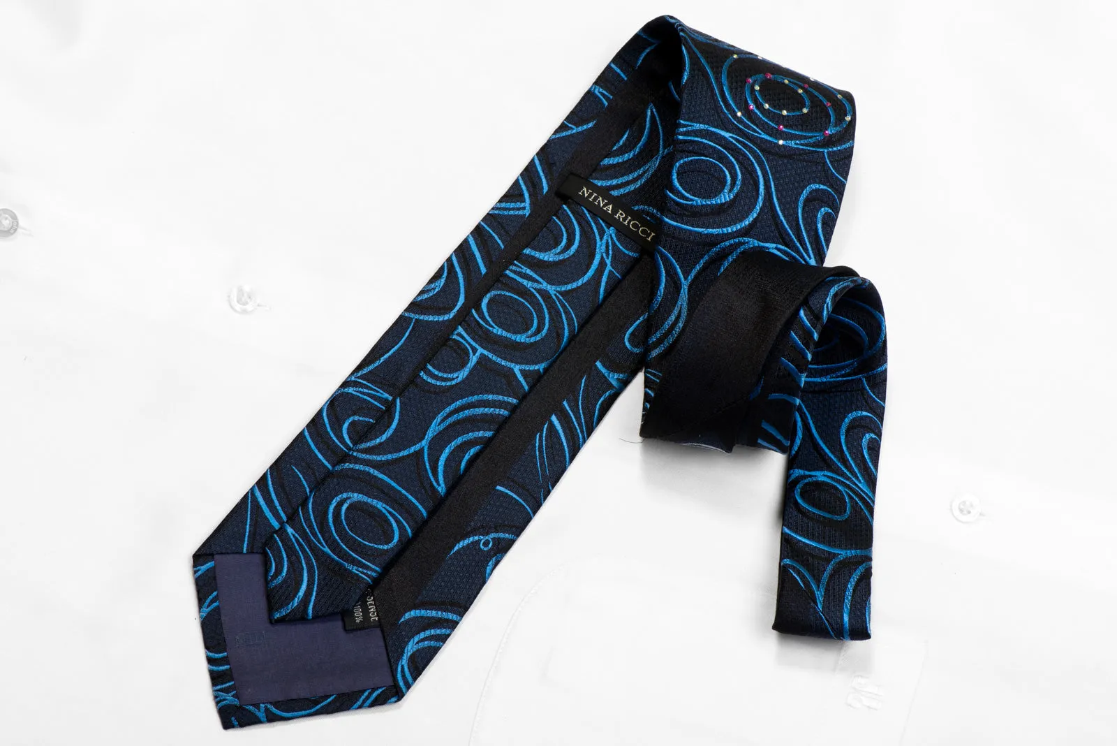 Nina Ricci Rhinestone Silk Necktie Blue Scrolls On Navy