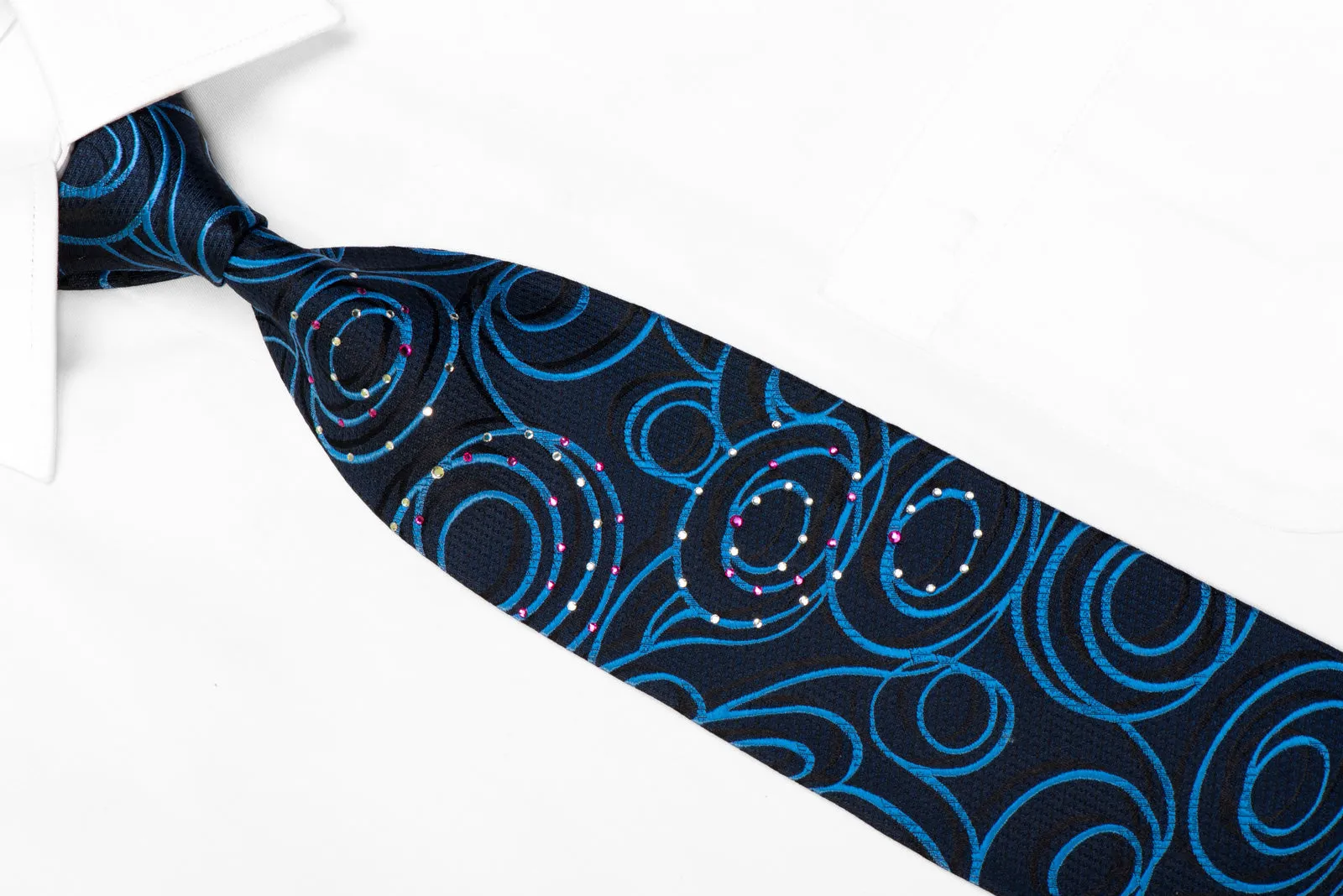 Nina Ricci Rhinestone Silk Necktie Blue Scrolls On Navy