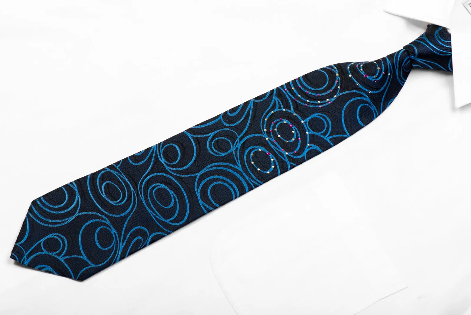 Nina Ricci Rhinestone Silk Necktie Blue Scrolls On Navy