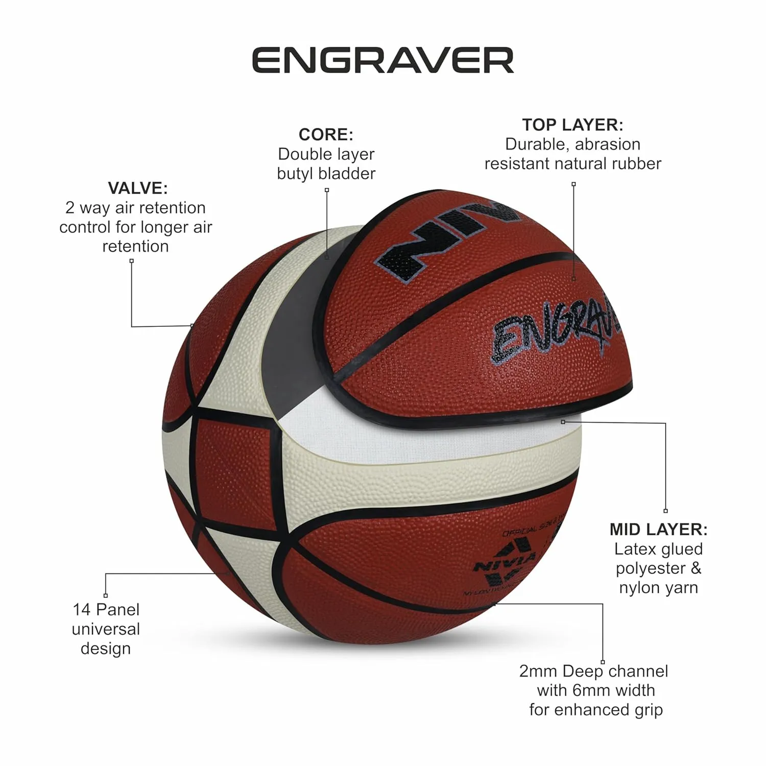 Nivia Nylon Engraver Basketball , Size : 7 , Material : Rubber , Color: Multicolor