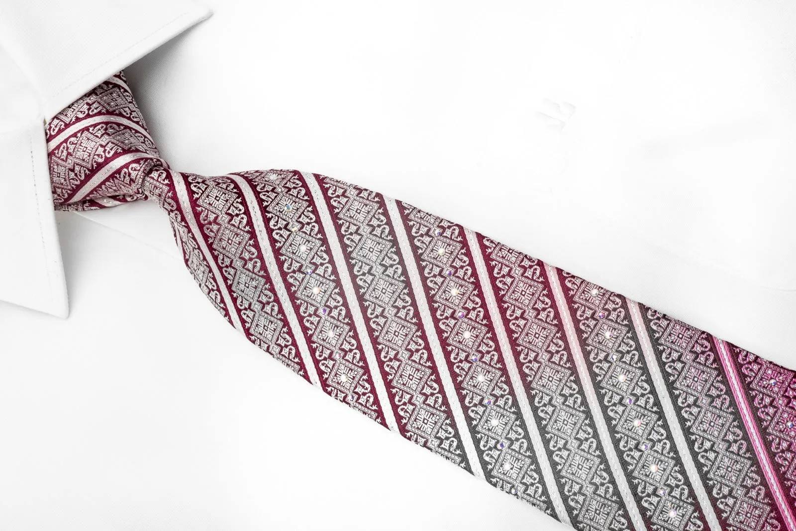 ParkLand Mens Rhinestone Silk Necktie Cartouche Striped On Burgundy With Sparkles