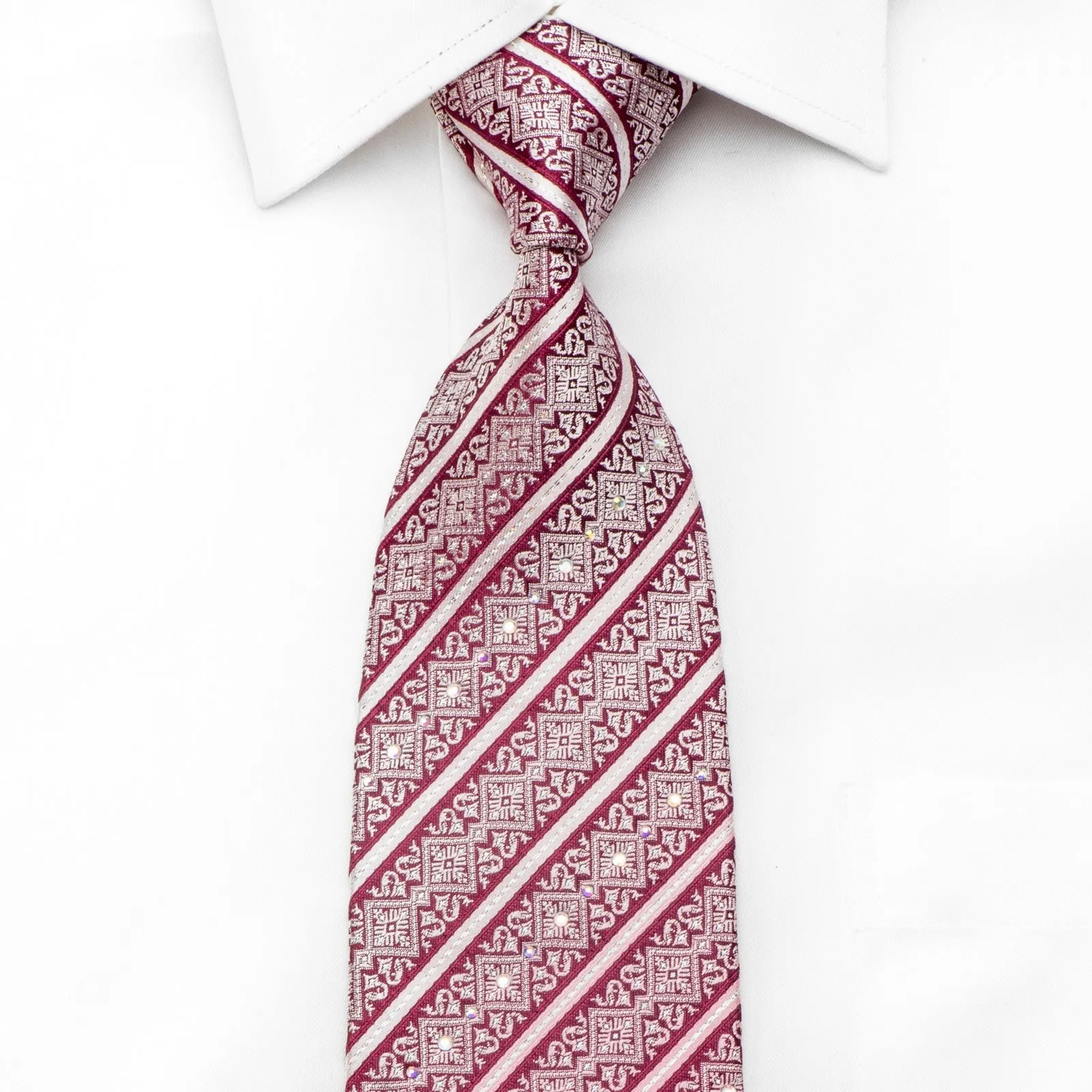 ParkLand Mens Rhinestone Silk Necktie Cartouche Striped On Burgundy With Sparkles