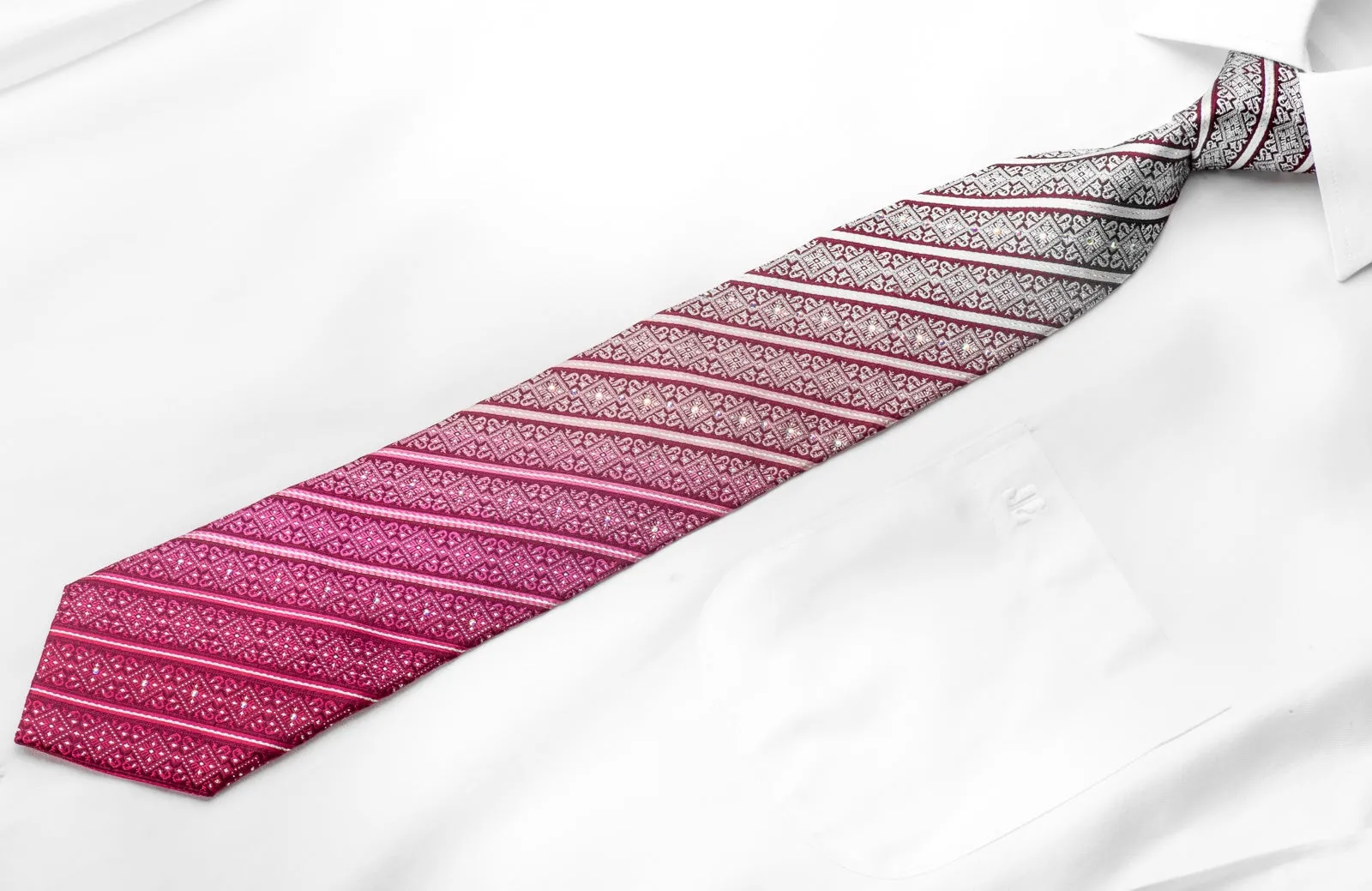 ParkLand Mens Rhinestone Silk Necktie Cartouche Striped On Burgundy With Sparkles