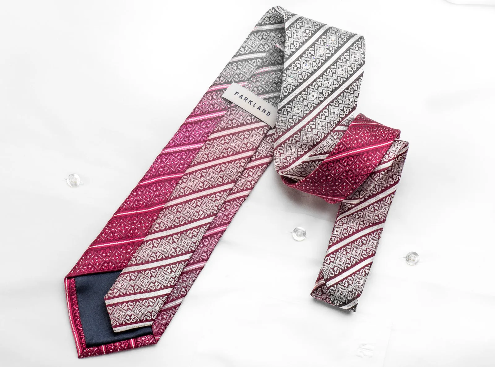 ParkLand Mens Rhinestone Silk Necktie Cartouche Striped On Burgundy With Sparkles