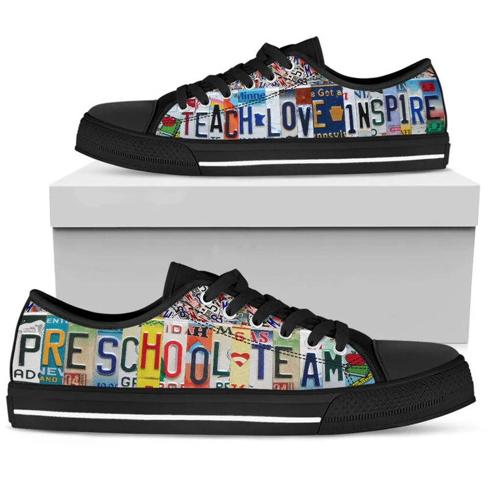 Preschool Team License Plates Low Top Black Shoes, Teacher Shoes, Low Top Sneakers