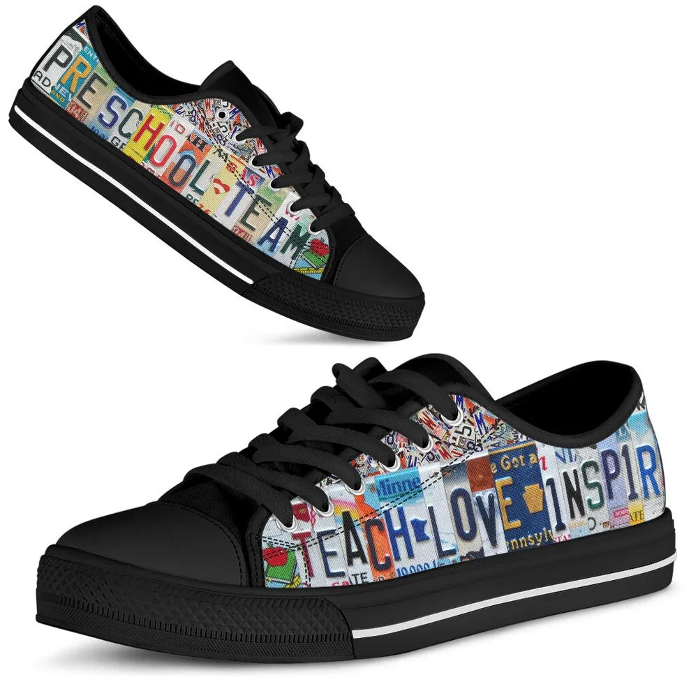 Preschool Team License Plates Low Top Black Shoes, Teacher Shoes, Low Top Sneakers