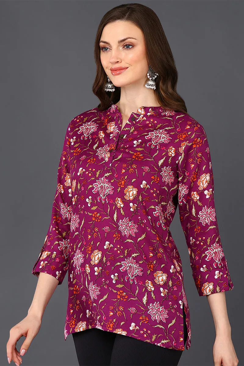 Purple Cotton Blend Floral Printed Straight Tunic