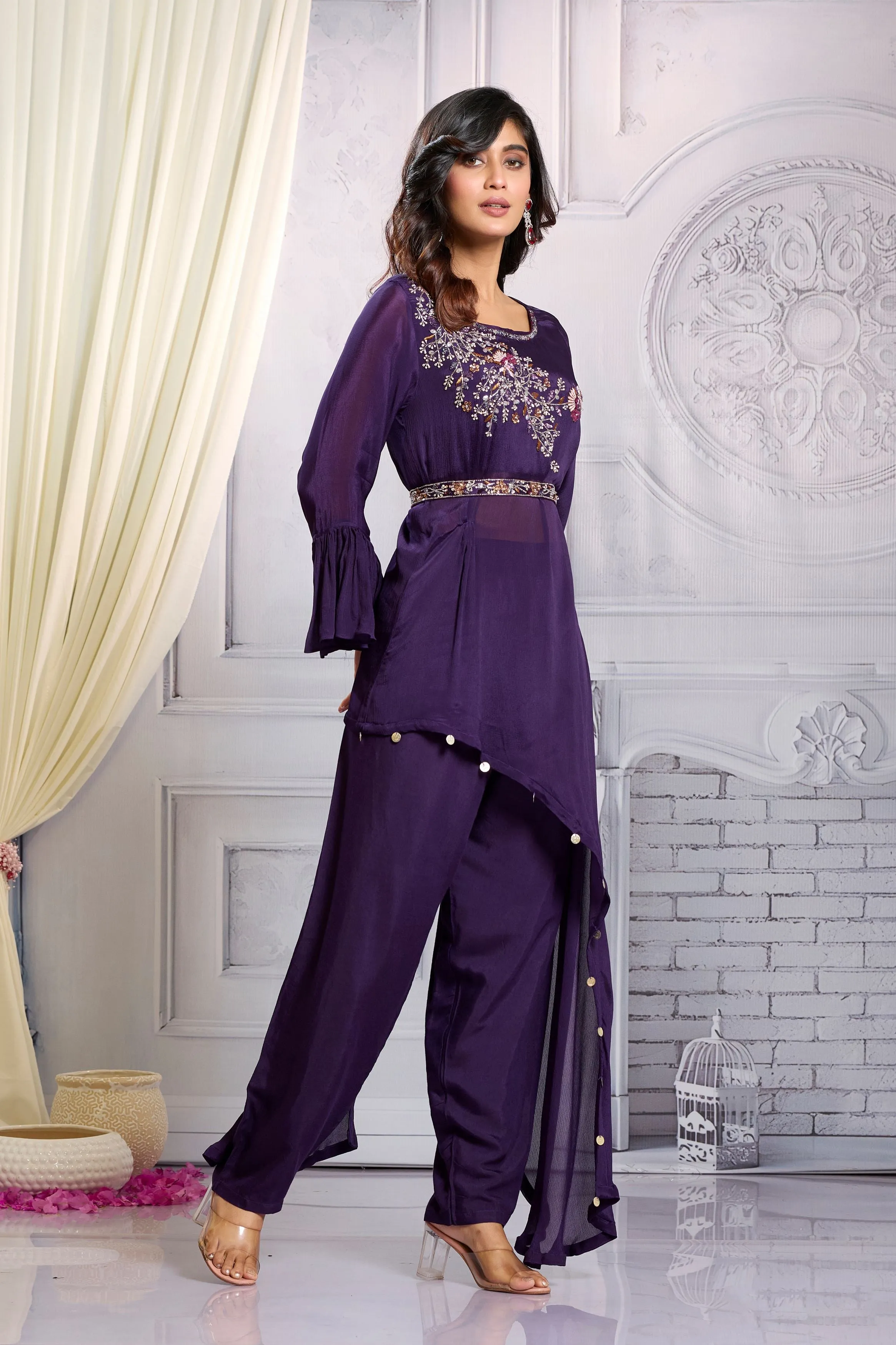 Purple Embellished Chinon Silk Co-Ord Set