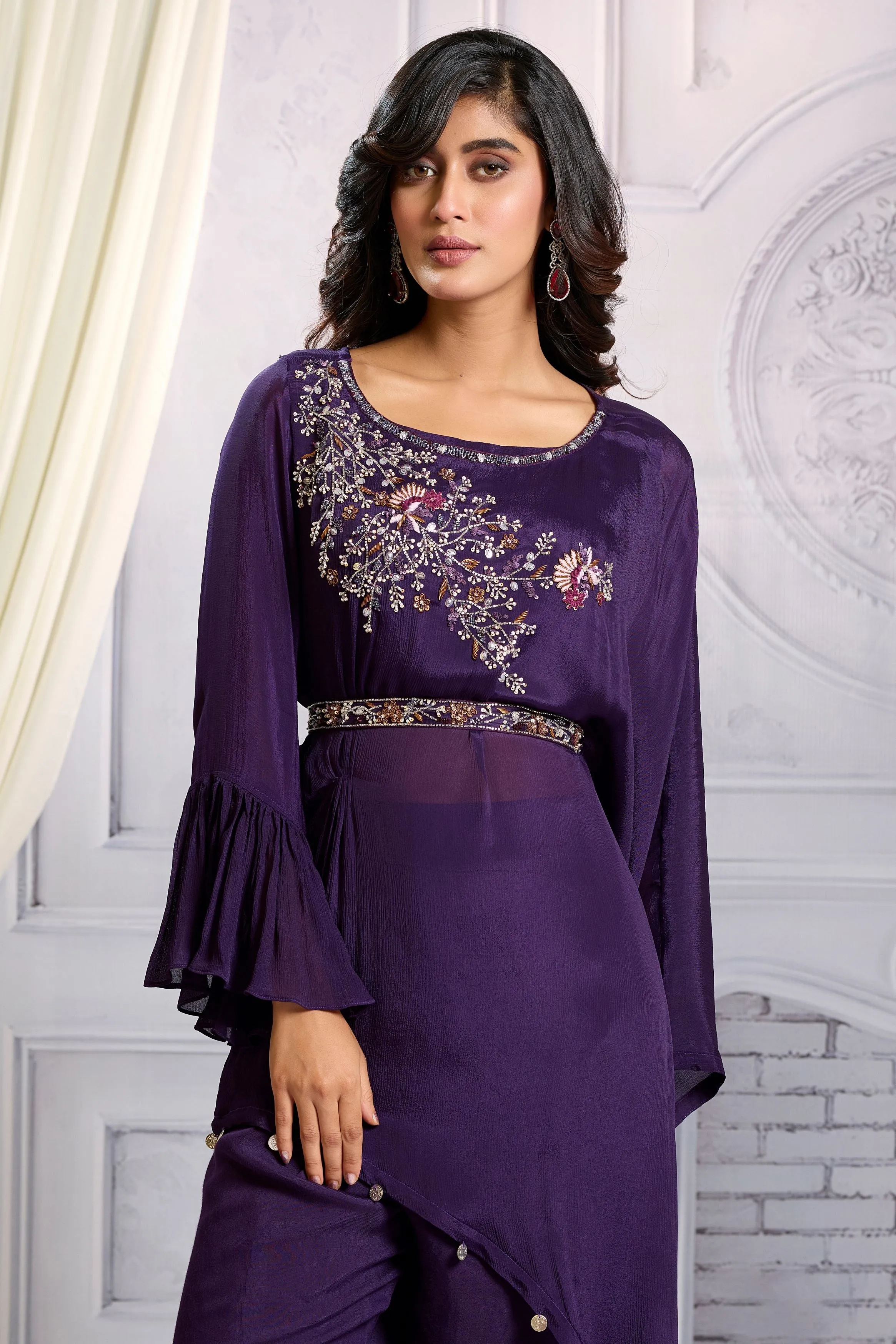 Purple Embellished Chinon Silk Co-Ord Set