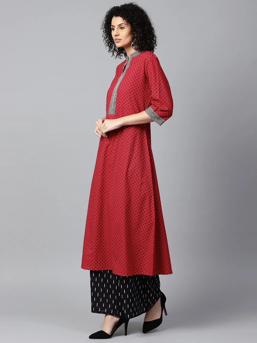 Red Printed 3/4Th Sleeve Cotton A-Line Kurta With Black Printed Kurta