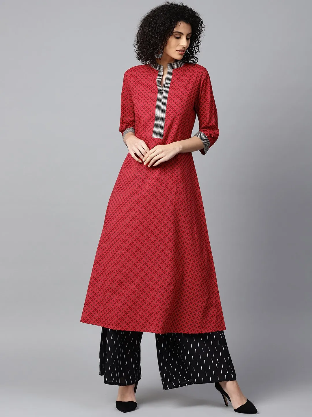 Red Printed 3/4Th Sleeve Cotton A-Line Kurta With Black Printed Kurta