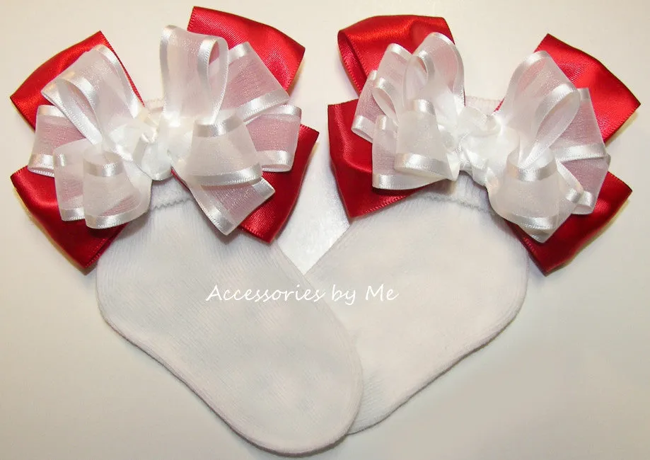 Red White Organza Satin Bow Socks