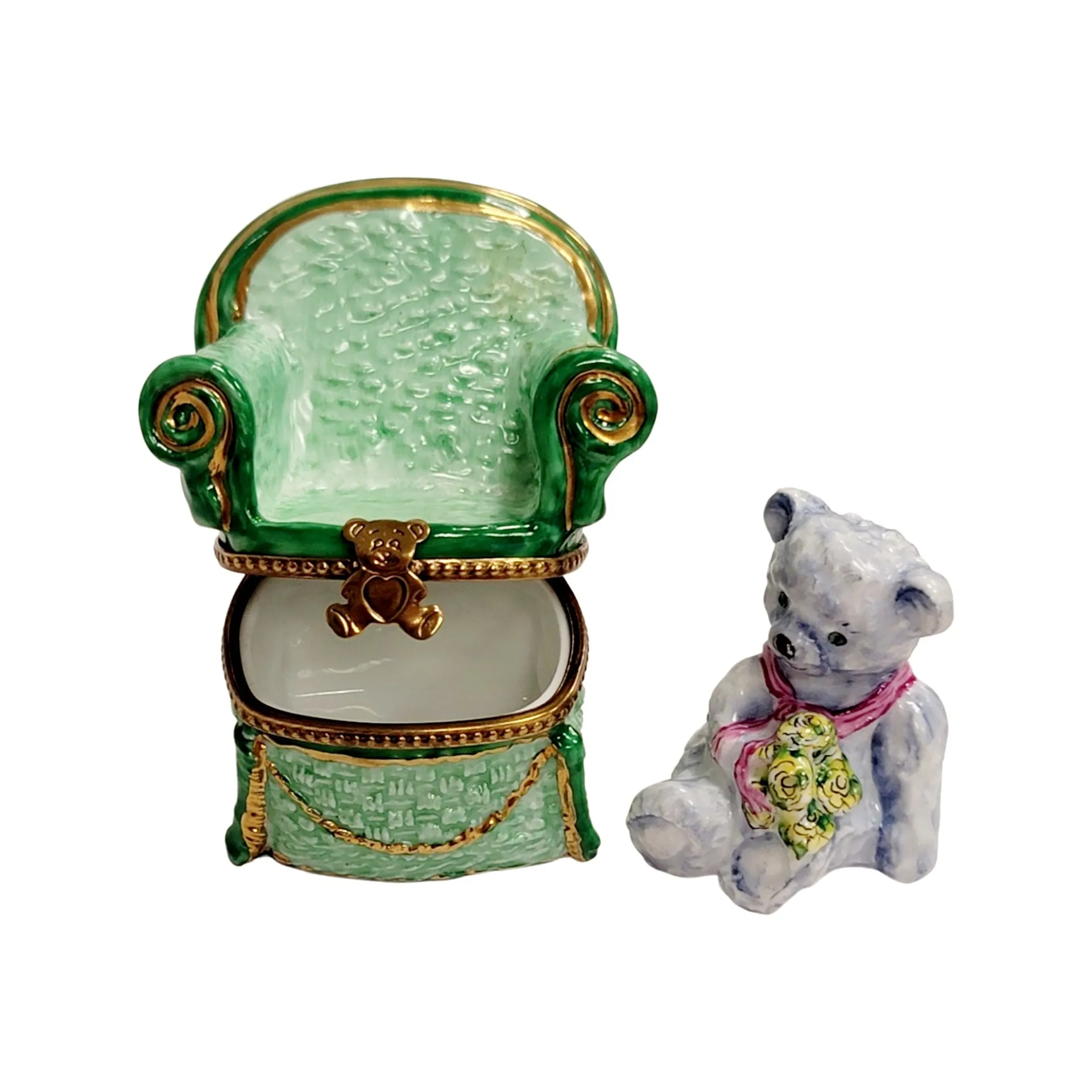 Removable Gray Teddy Bear in Green Chair