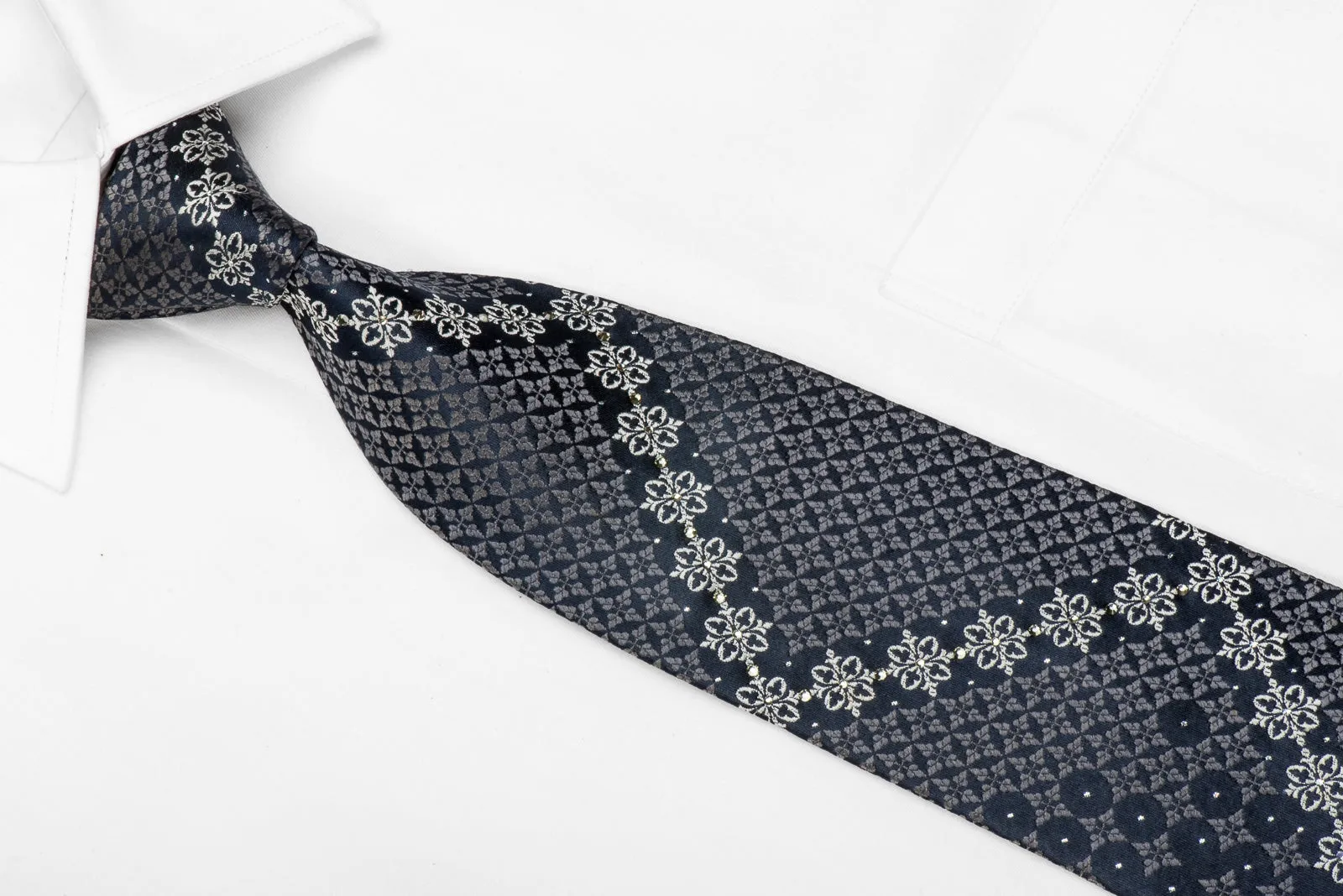 Renoma Men's Silk Crystal Necktie Silver Cartouche On NAvy With Silver Sparkles