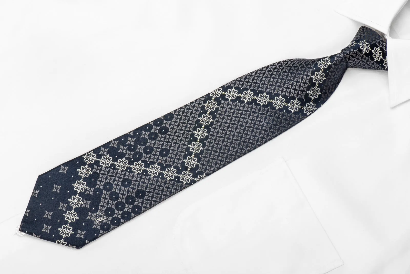 Renoma Men's Silk Crystal Necktie Silver Cartouche On NAvy With Silver Sparkles