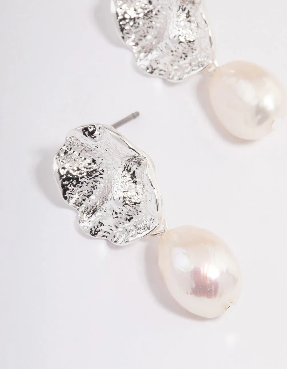 Silver Plated Crater Freshwater Pearl Drop Earrings