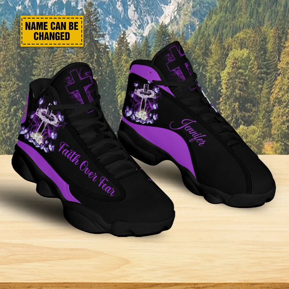 Teesdily | Customized Purple Jesus Cross Butterfly Basketball Shoes, Faith Over Fear Christian Running Shoes Christmas Gift