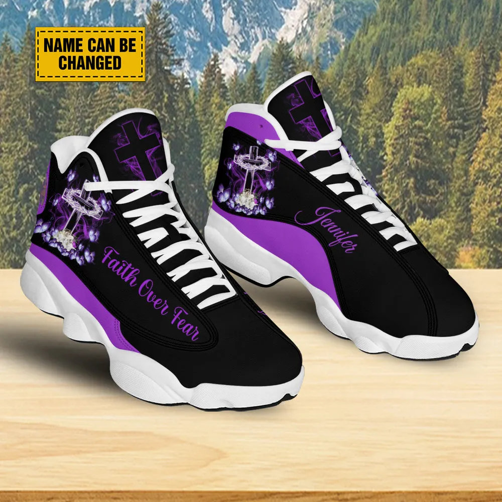 Teesdily | Customized Purple Jesus Cross Butterfly Basketball Shoes, Faith Over Fear Christian Running Shoes Christmas Gift