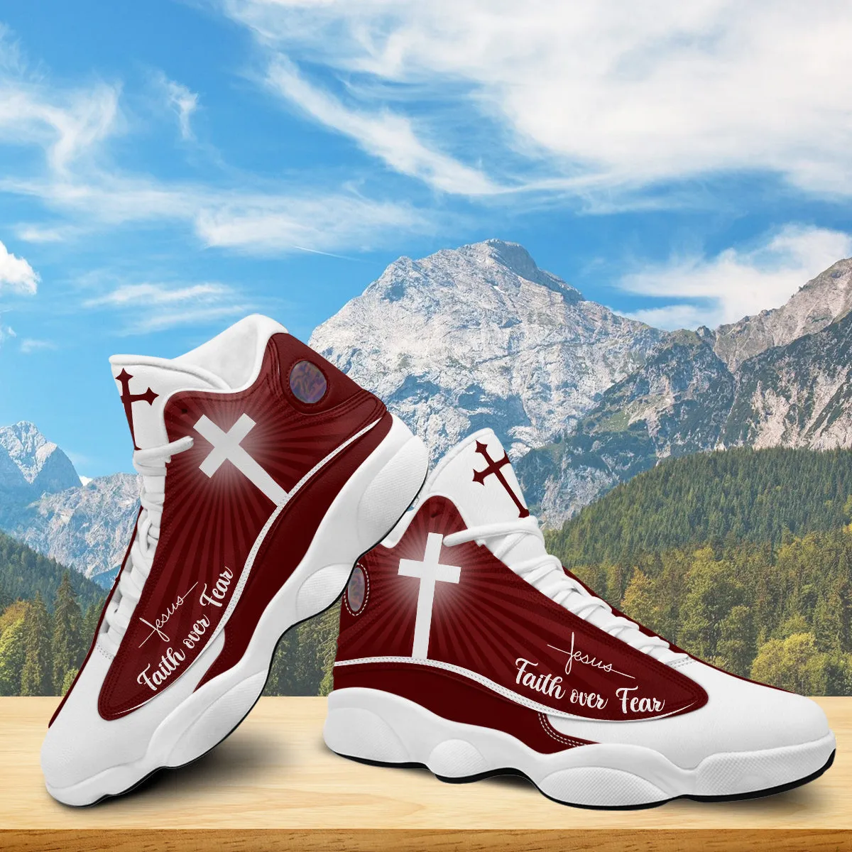 Teesdily | Jesus Faith Over Fear Basketball Shoes, Jesus Basketball Shoes Red Design, Gift For Jesus Lovers, Christian Gifts Unisex Basketball Shoes