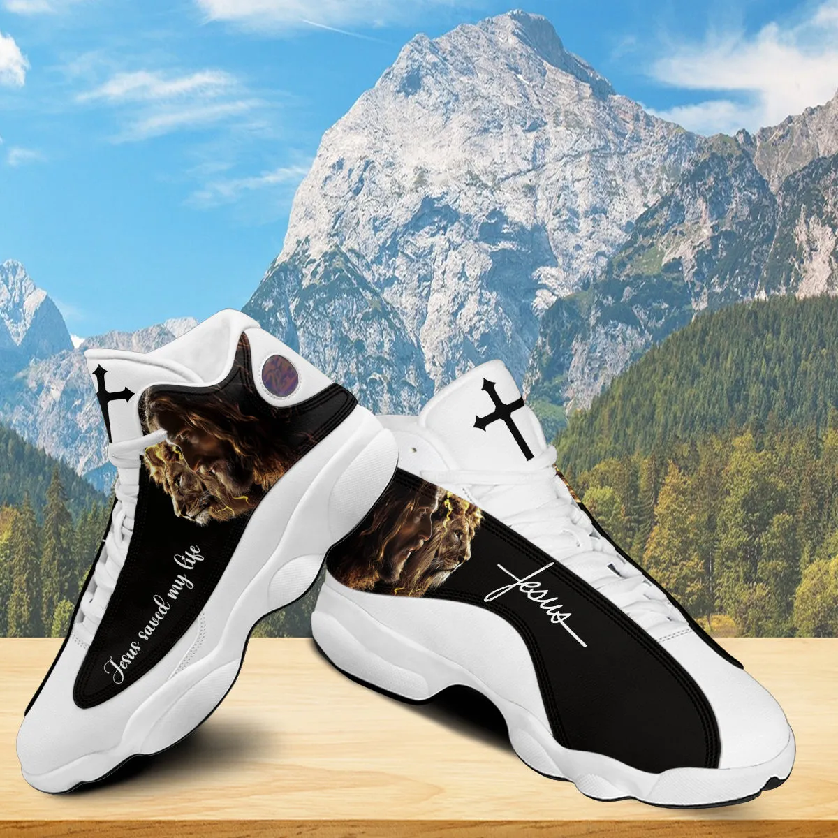 Teesdily | Jesus Lion Of Judah Basketball Shoes, Jesus Saved My Life Jesus Basketball Shoes, Christian Footwear Unisex Basketball Shoes