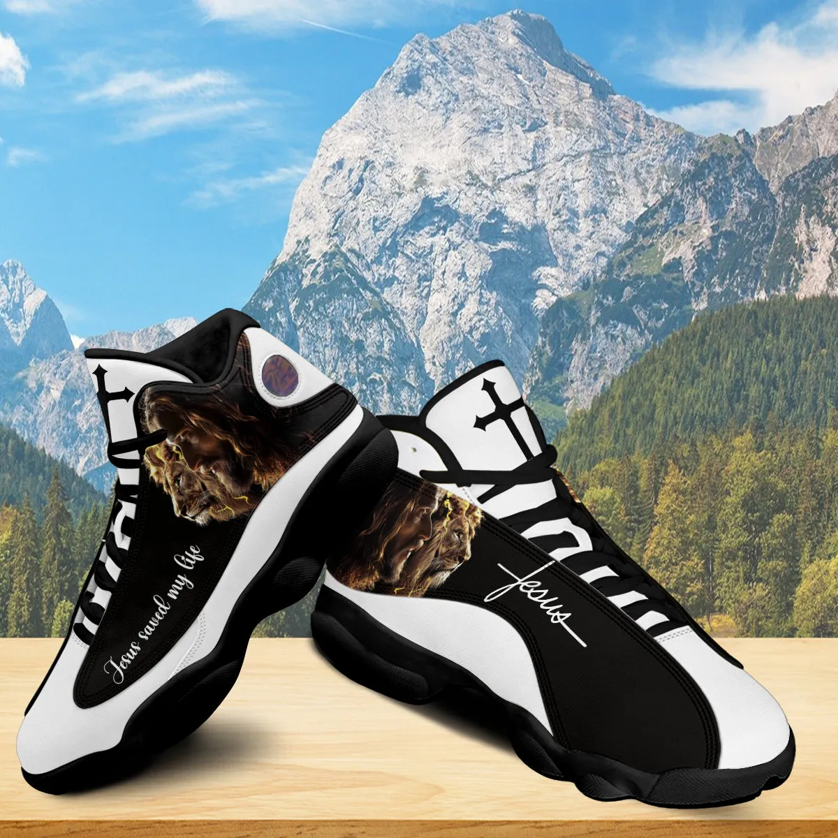 Teesdily | Jesus Lion Of Judah Basketball Shoes, Jesus Saved My Life Jesus Basketball Shoes, Christian Footwear Unisex Basketball Shoes