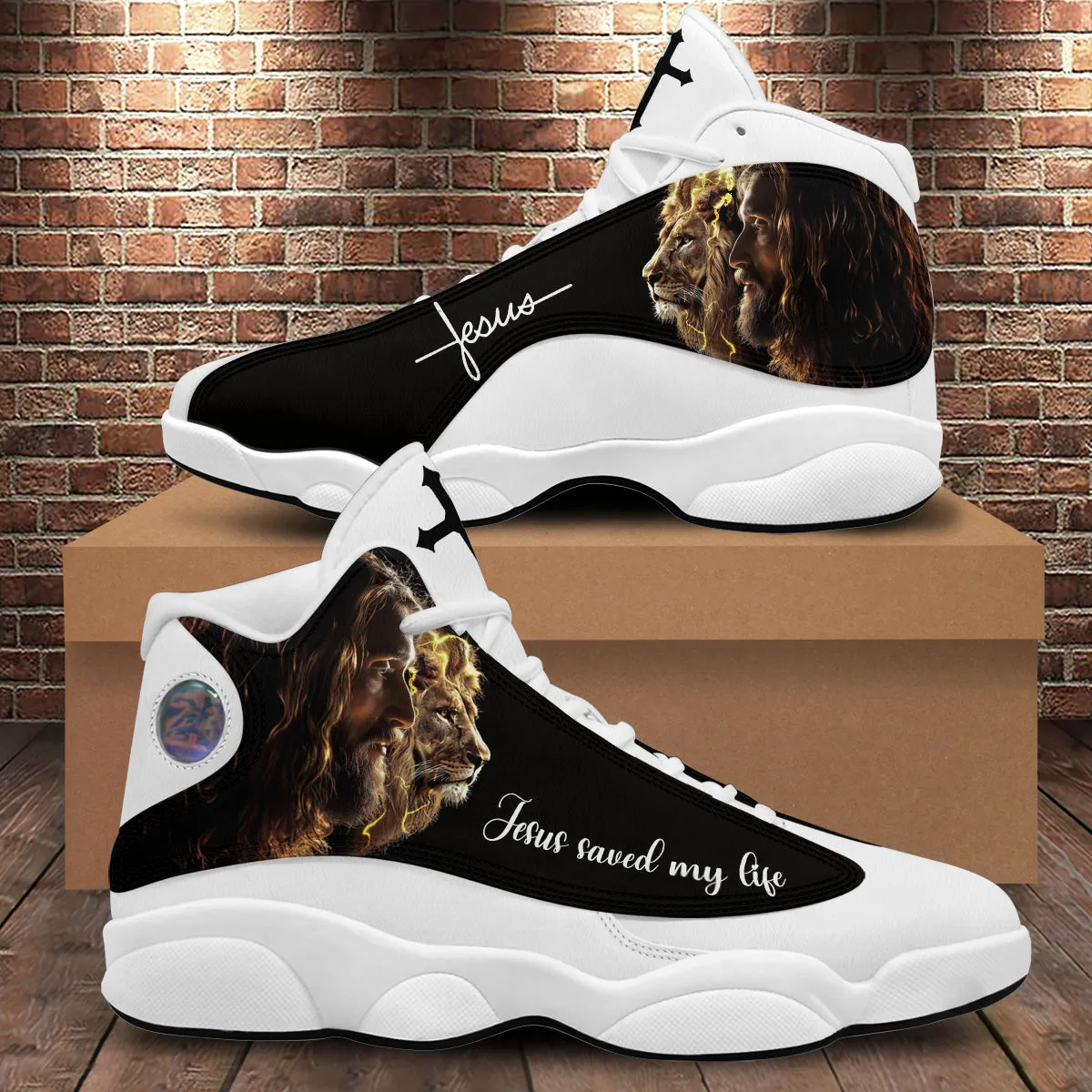 Teesdily | Jesus Lion Of Judah Basketball Shoes, Jesus Saved My Life Jesus Basketball Shoes, Christian Footwear Unisex Basketball Shoes