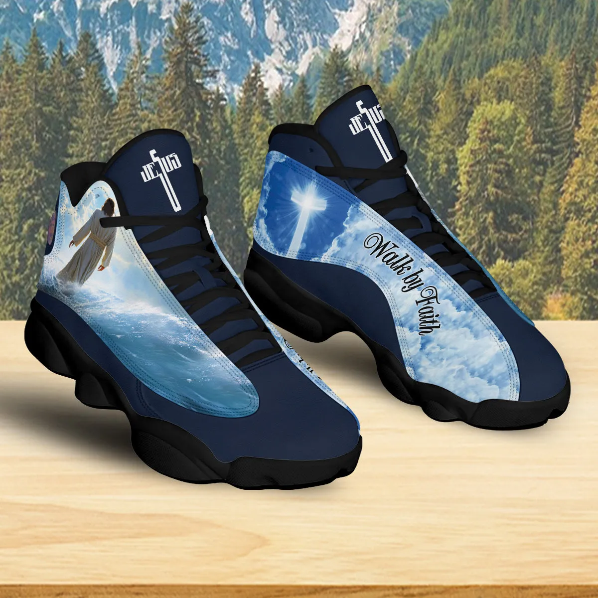 Teesdily | Jesus Walk By Faith Basketball Shoes, Jesus Cross Shoes, Jesus Beach Mens Basketball Shoes, Gift For God Lovers Unisex Basketball Shoes