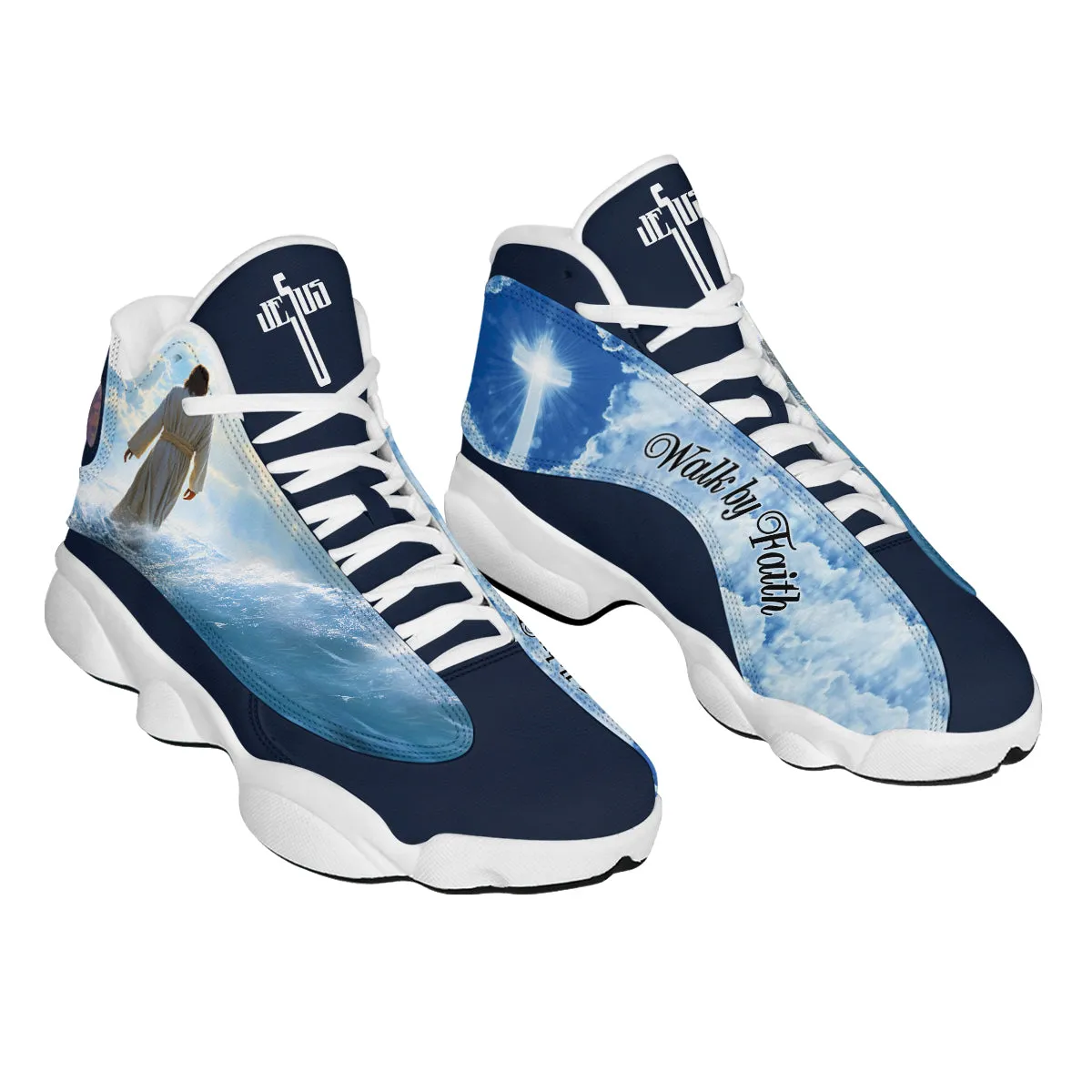 Teesdily | Jesus Walk By Faith Basketball Shoes, Jesus Cross Shoes, Jesus Beach Mens Basketball Shoes, Gift For God Lovers Unisex Basketball Shoes