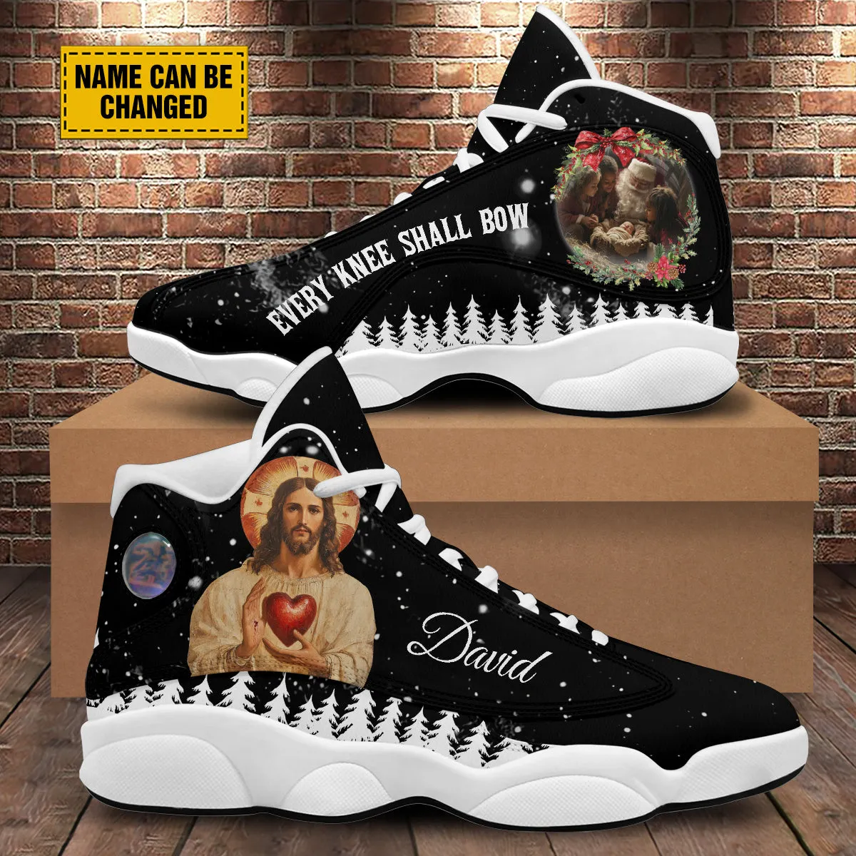 Teesdily | Personalized Every Knee Shall Bow Basketball Shoes, Santa Claus Baby Jesus Running Shoes, Christmas Jesus Christ Shoes