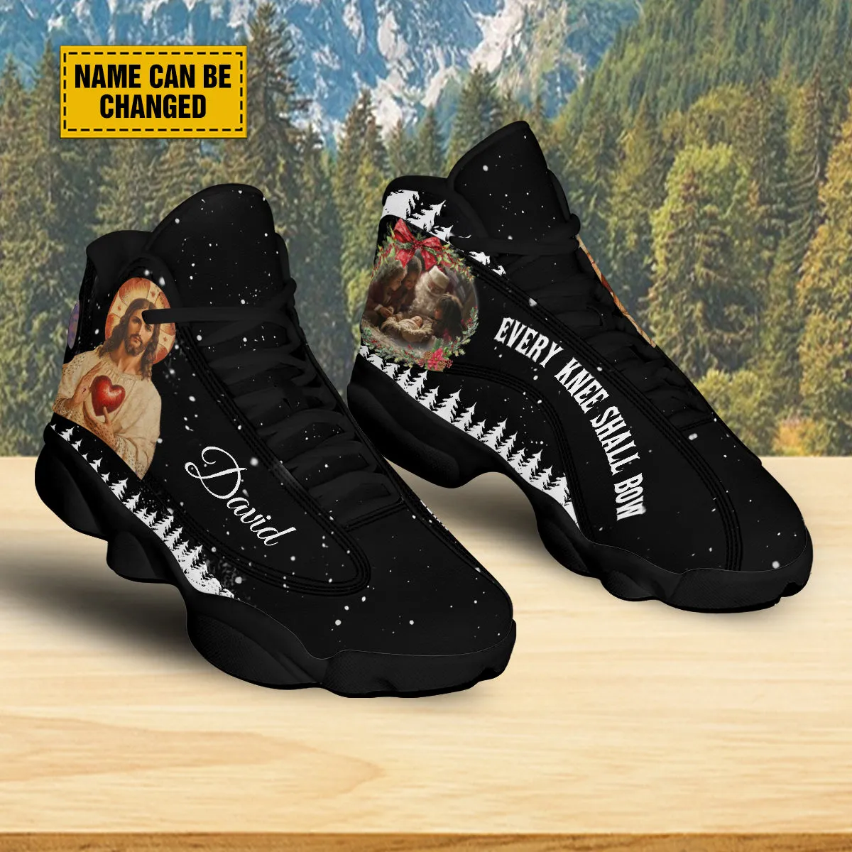 Teesdily | Personalized Every Knee Shall Bow Basketball Shoes, Santa Claus Baby Jesus Running Shoes, Christmas Jesus Christ Shoes