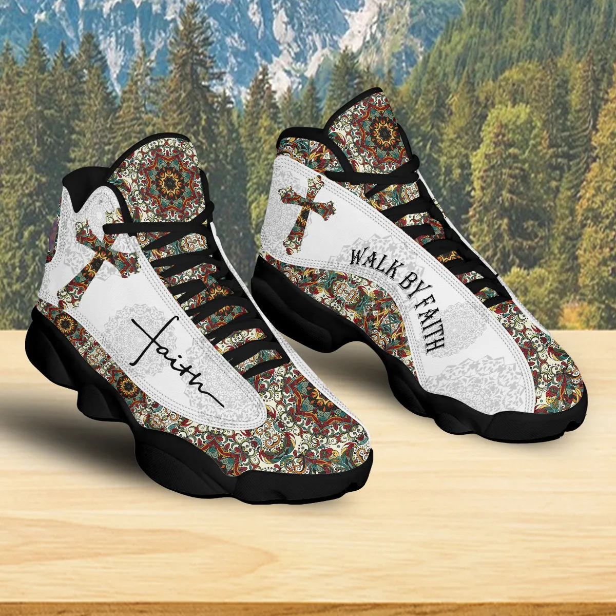 Teesdily | Walk By Faith Boho Design Flower Style Basketball Shoes, God Lover Religious Gifts Shoes With Thick Soles, Xmas Gift