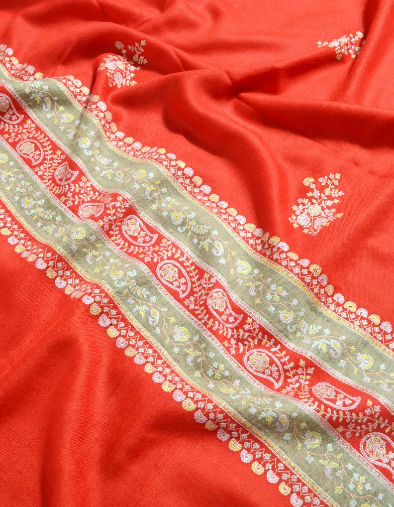 Tomato Red Pashmina Shawl With Sozni Borders 5658