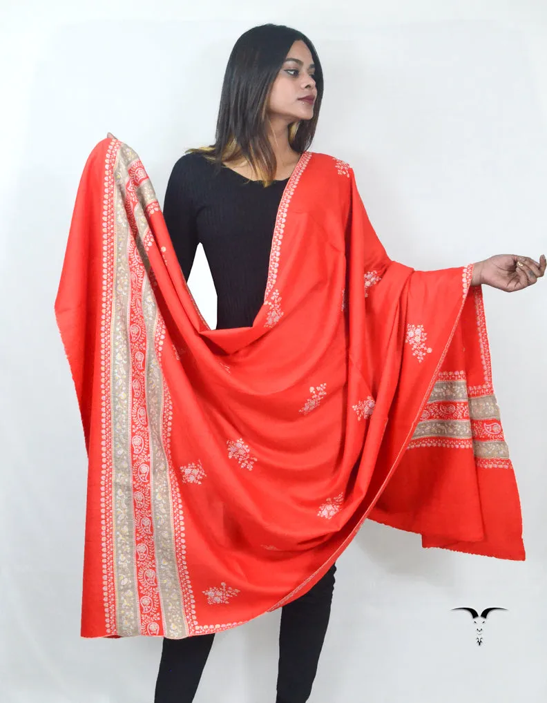 Tomato Red Pashmina Shawl With Sozni Borders 5658