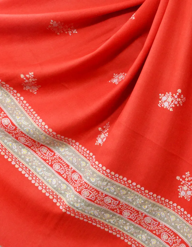 Tomato Red Pashmina Shawl With Sozni Borders 5658