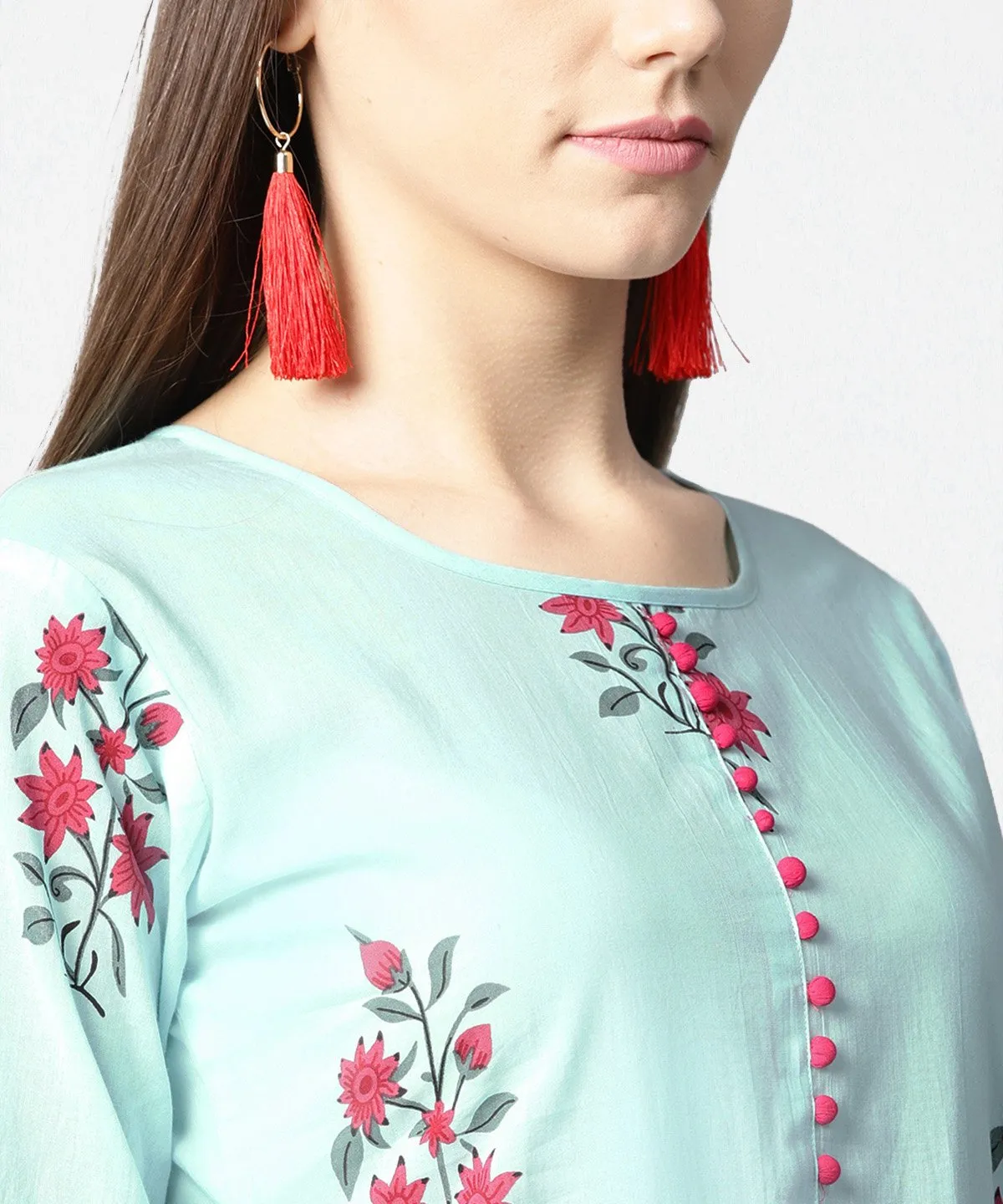 Turquoise Blue Printed 3/4Th Sleeve Cotton Anarkali Kurta With Printed Palazzo