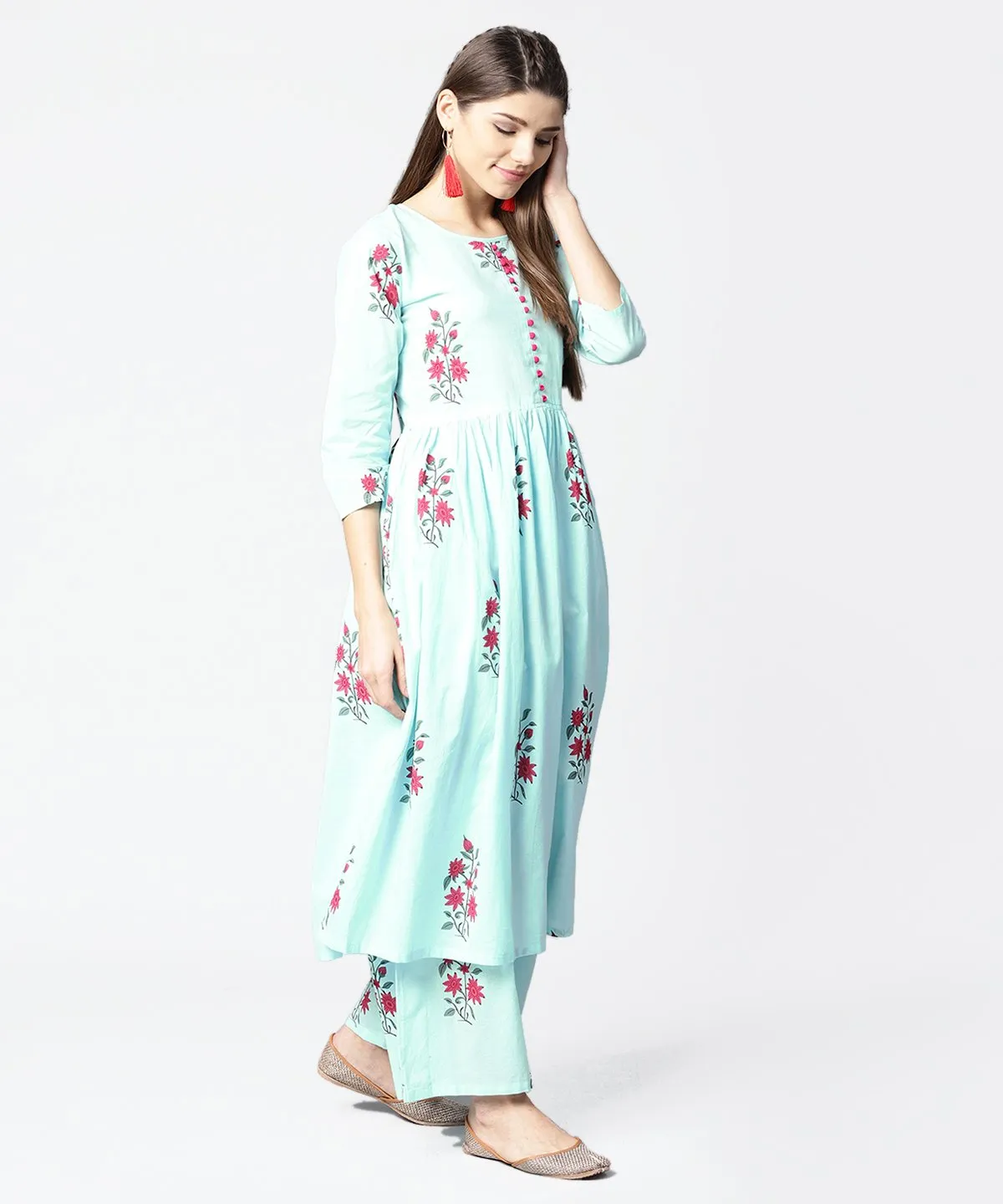 Turquoise Blue Printed 3/4Th Sleeve Cotton Anarkali Kurta With Printed Palazzo