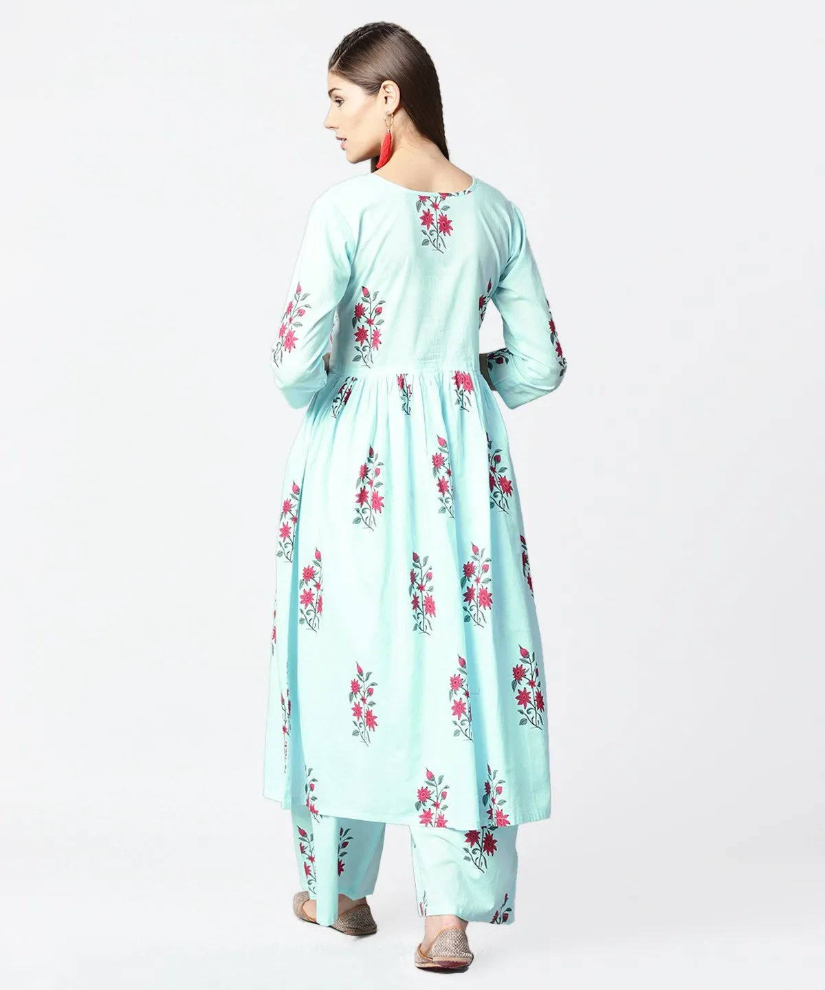 Turquoise Blue Printed 3/4Th Sleeve Cotton Anarkali Kurta With Printed Palazzo