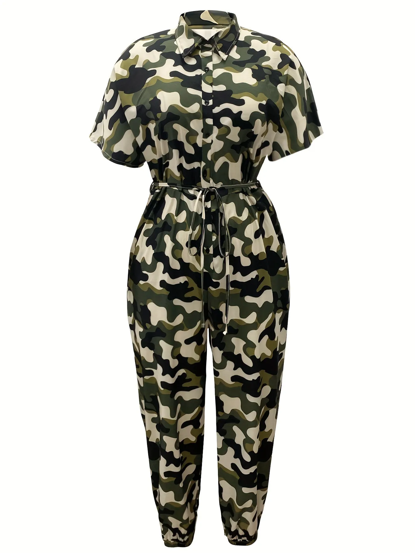 Urban Chic Women's Plus Camo Print Button Up Casual Jumpsuit with Belt