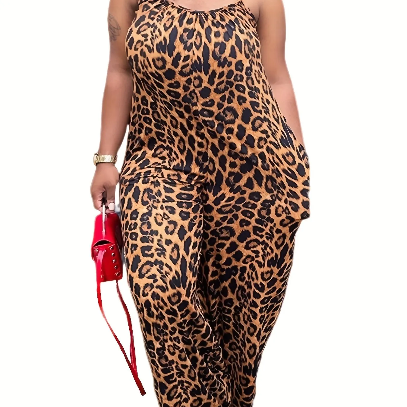 Wildly Stylish Women's Plus Leopard Print Casual Wide Leg Jumpsuit