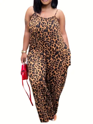 Wildly Stylish Women's Plus Leopard Print Casual Wide Leg Jumpsuit