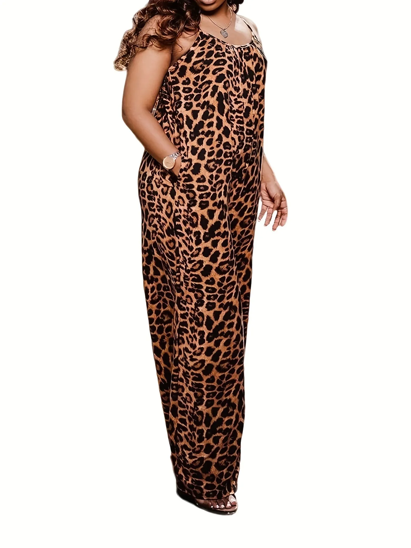 Wildly Stylish Women's Plus Leopard Print Casual Wide Leg Jumpsuit