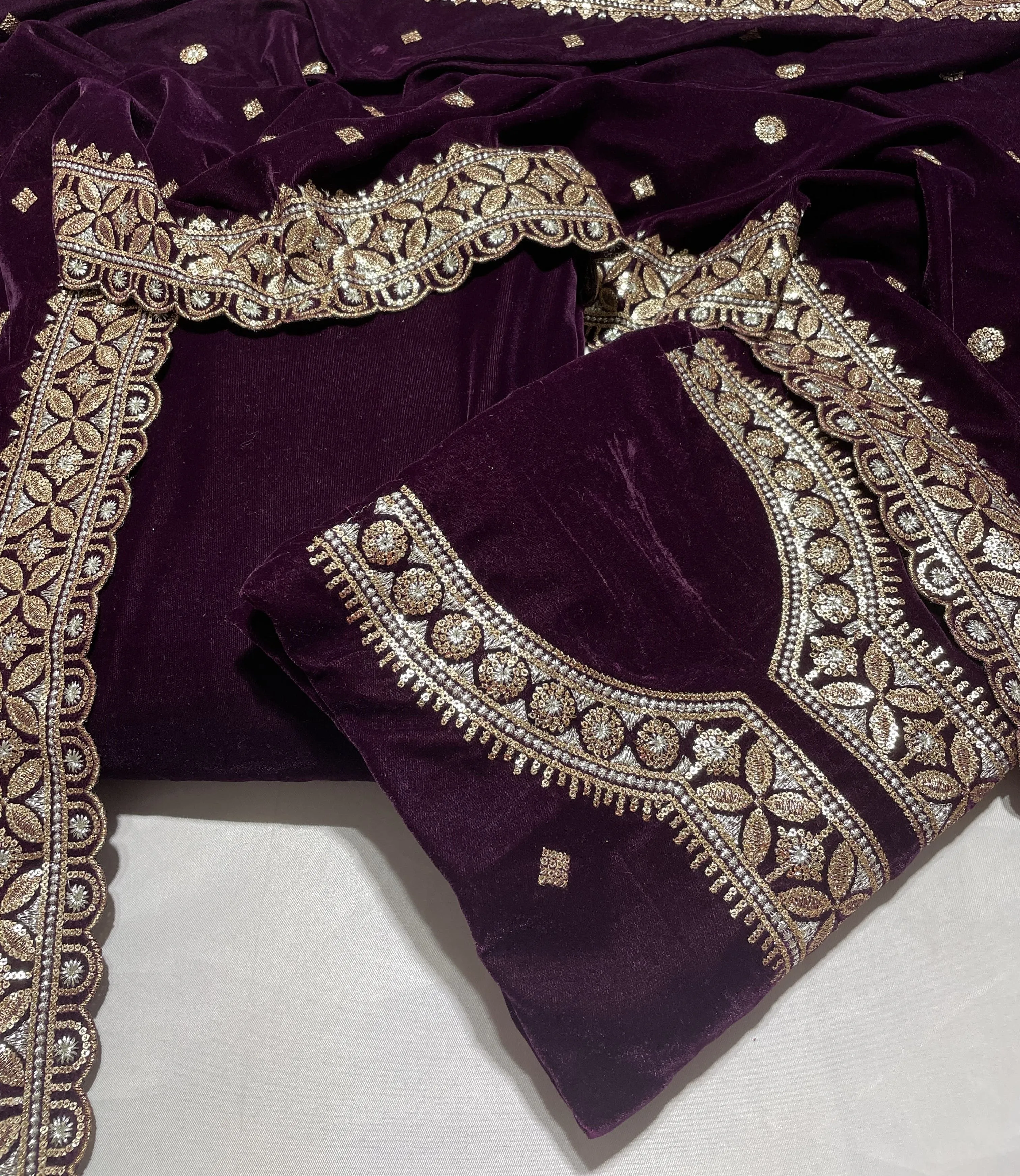 Wine Sequins Embroidery Velvet Suit Set With Dupatta