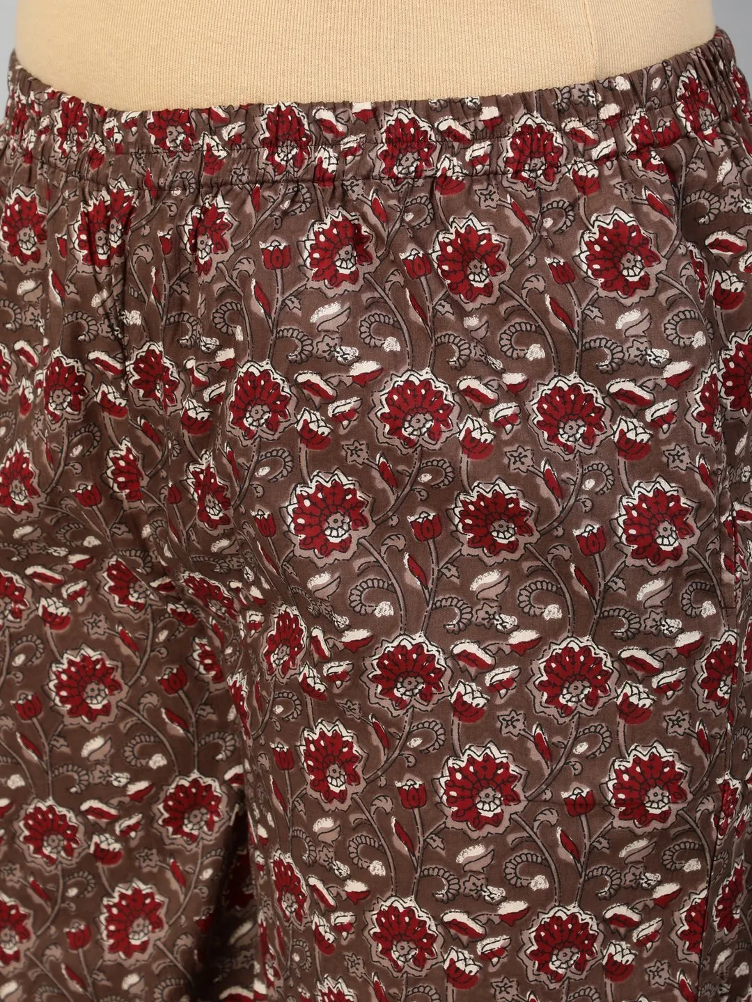 Women Maroon & Taupe Floral Printed Straight Kurta With Plazo & Dupatta